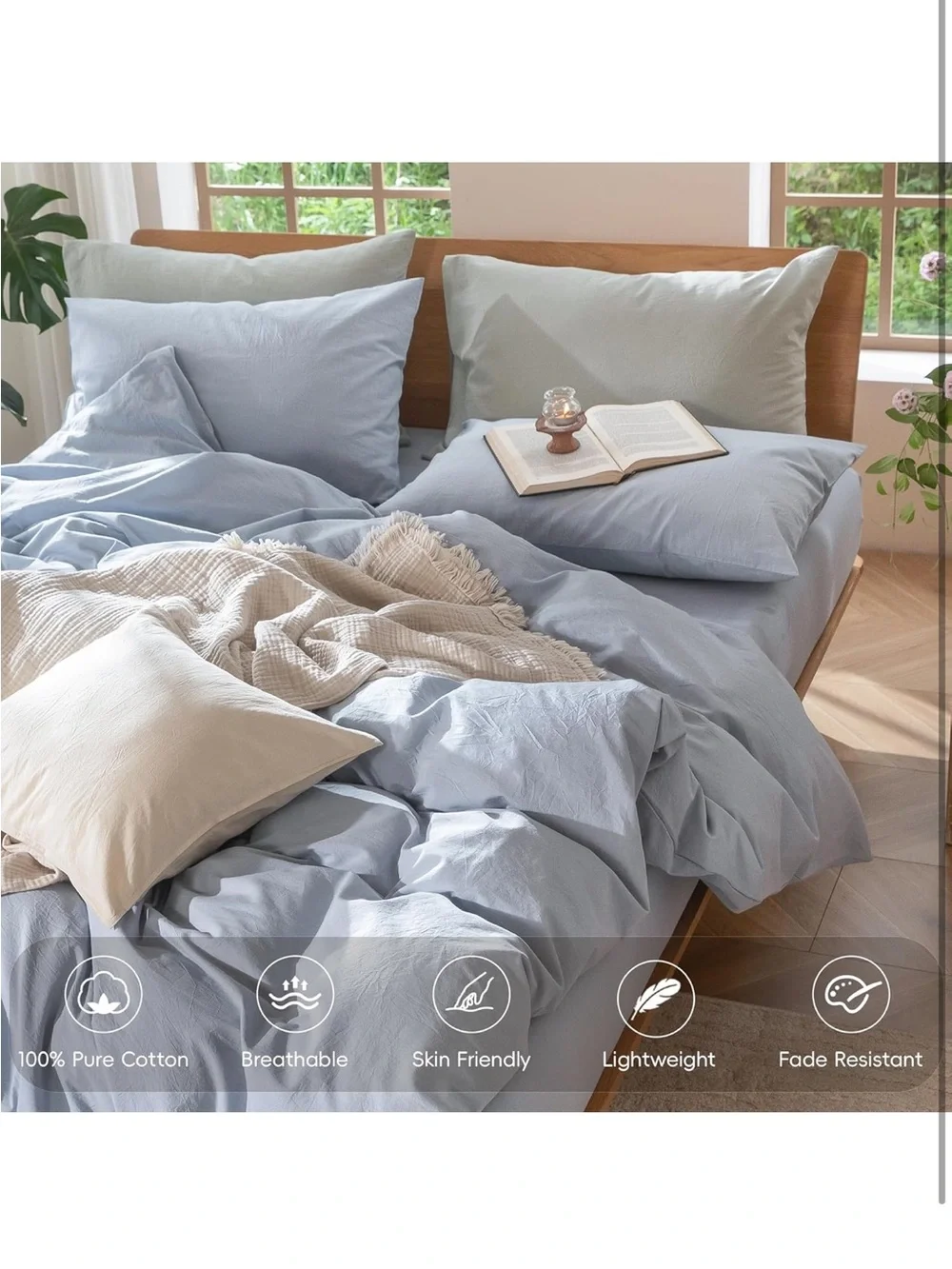 NEW MooMee 100% Washed Cotton Bedding Duvet Cover Set. Cornflower Blue, King